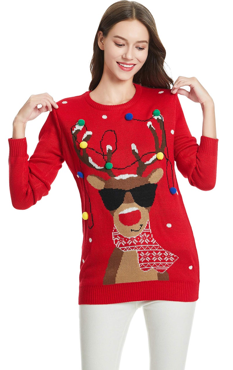 *daisysboutique* Women's Christmas Reindeer Rudolph Girl Sweater Knitted Holiday Pullover (X-Small, Lighting-smartdeer) - Image 2